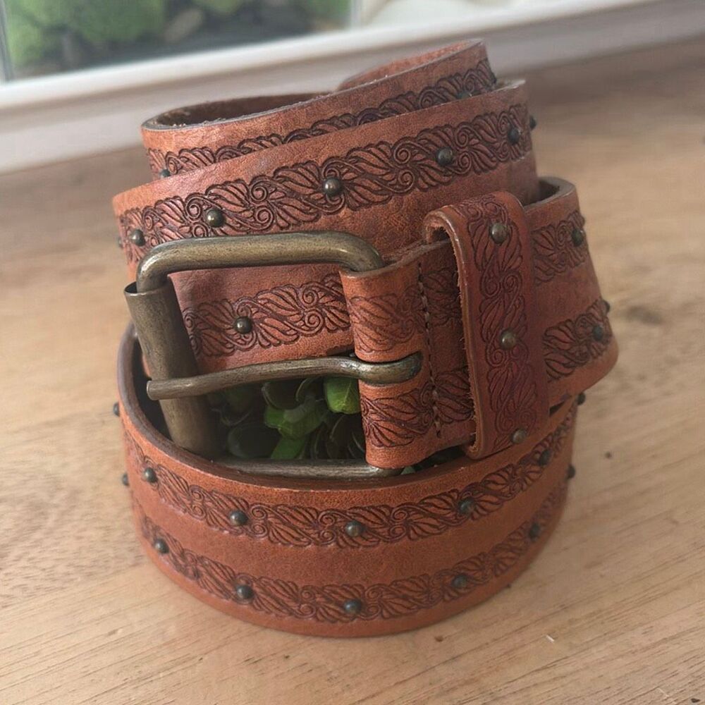 Sangiorgio studded embossed leather belt brown L